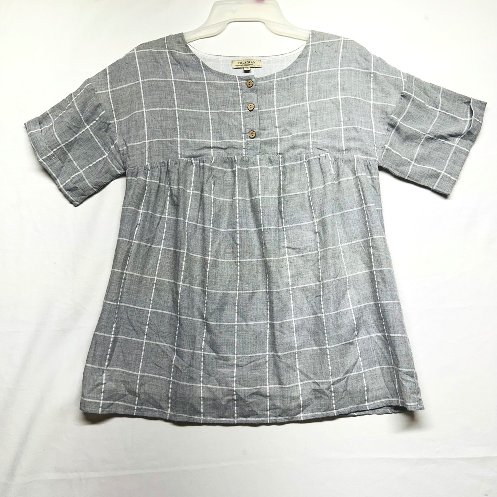Polagram‎ Gray Plaid Lightweight Babydoll Prairie Pilgrim Top Womens Medium